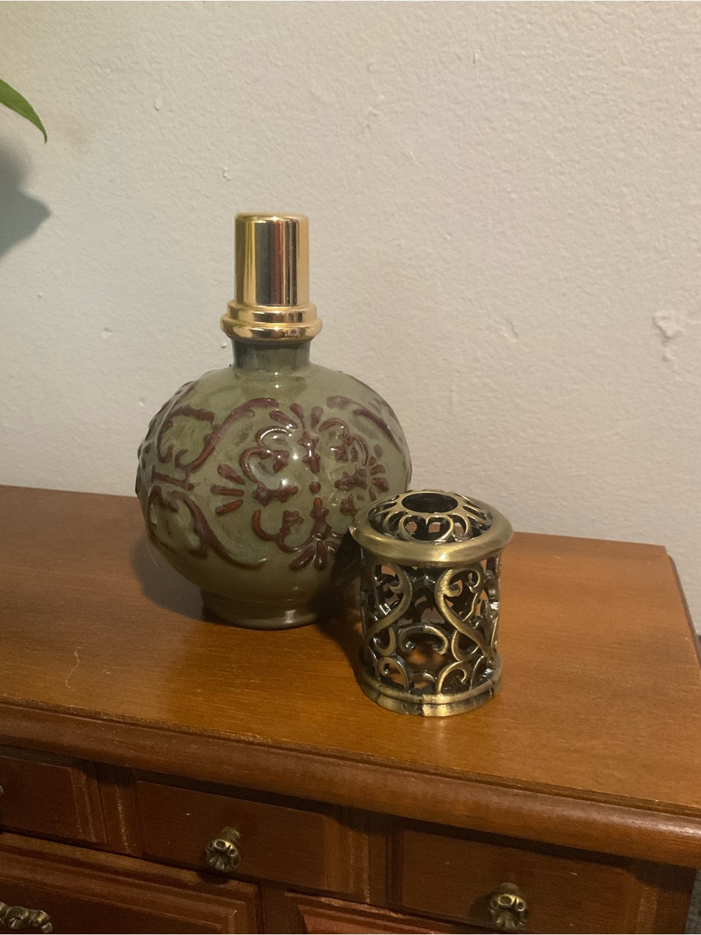 Decorative Ceramic Fragrance Lamp - Olive Green with Brass Accent